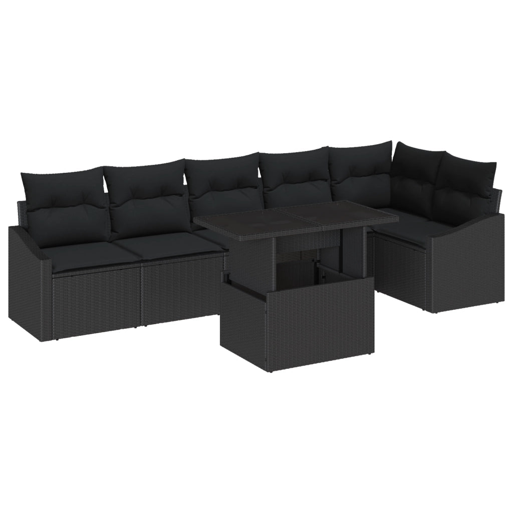 Set di Divani da Giardino a 7 pezzi con Cuscini Neri in Polyrattan