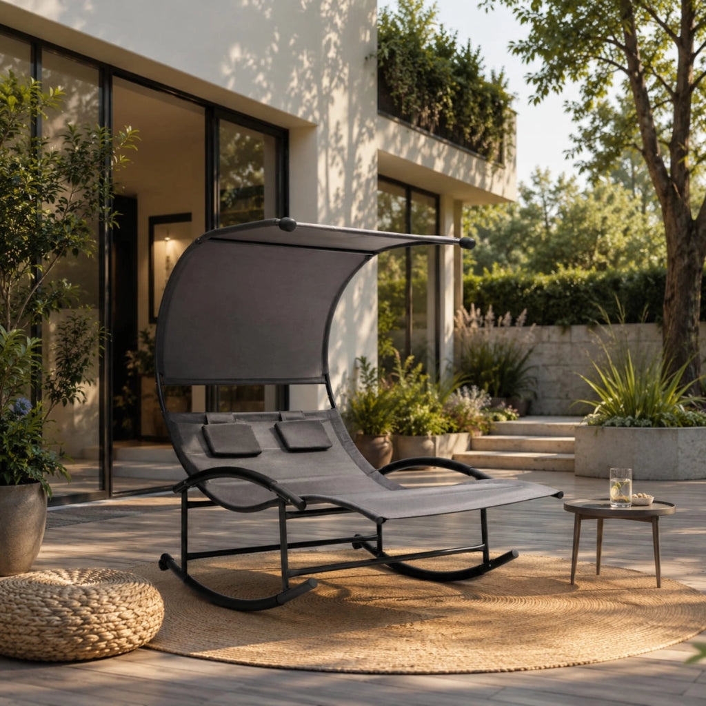 Lettino 2 Posti Dondolo Prendisole Design Ergonomico Con Parasole Integrato In Textilene Traspirante Struttura In Acciaio E Cuscini Ideale Per Giardino Piscina Outdoor 140x200x185 Cm Grigio