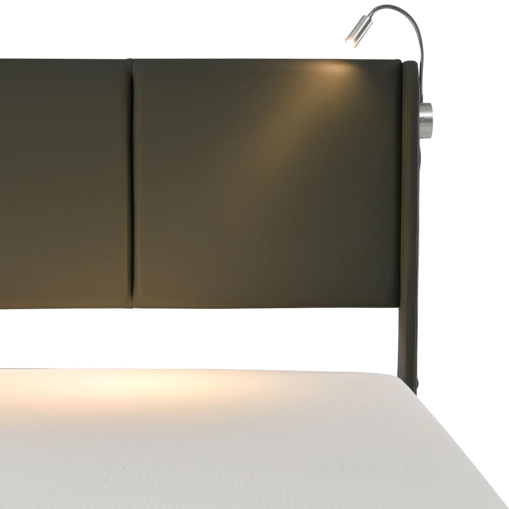 Letto matrimoniale imbottito 140x200 cm con luce da lettura e porta USB, contenitore, grigio
