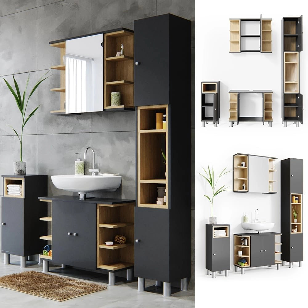 Set mobili bagno Aquis, Antracite, 79.6 cm, composto da mobile lavabo, pensile a specchio, colonna e base media
