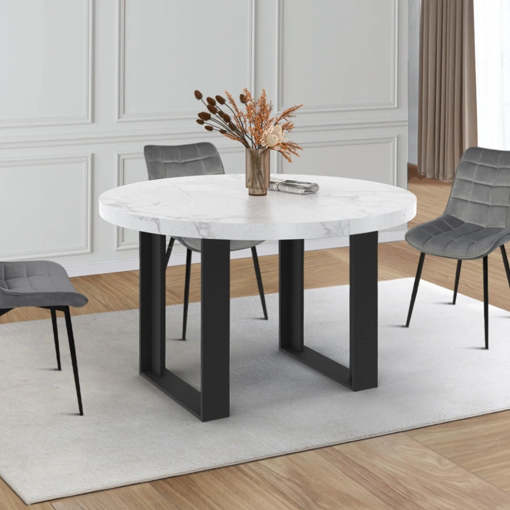 IDMarket - Tavolo da pranzo rotondo allungabile PHOENIX 4-6 persone con piano effetto marmo bianco ALASKA 110-150 cm