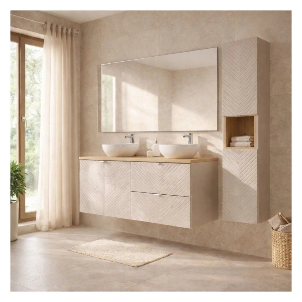 Set AOKI : mobile sotto lavabo con ante e cassetti 120cm + piano lavabo in rovere + lavabo bianco rotondo da appoggio + colonna