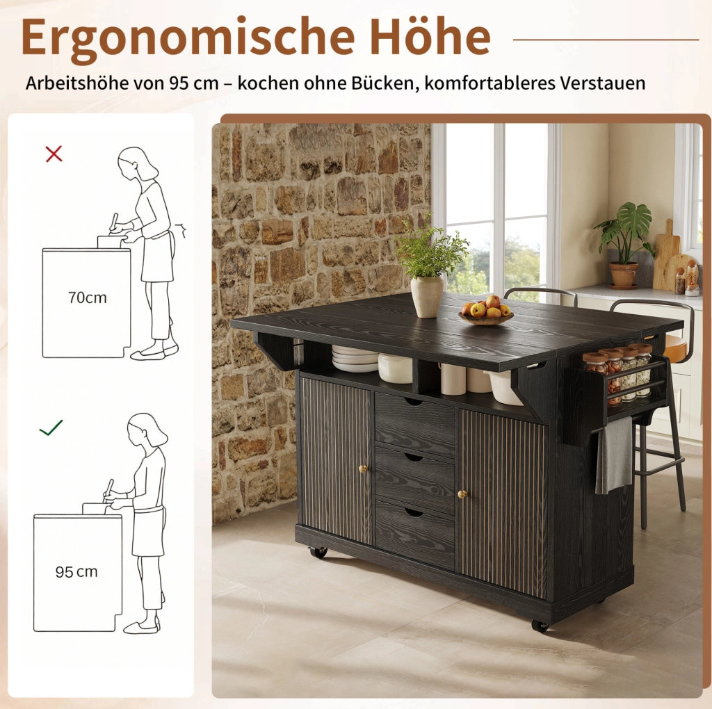 Carrello da cucina nero con ripiani pieghevoli e 3 cassetti