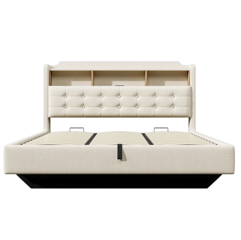 Letto imbottito 180x200 cm con illuminazione LED; spazio contenitore idraulico; in lino e MDF; beige