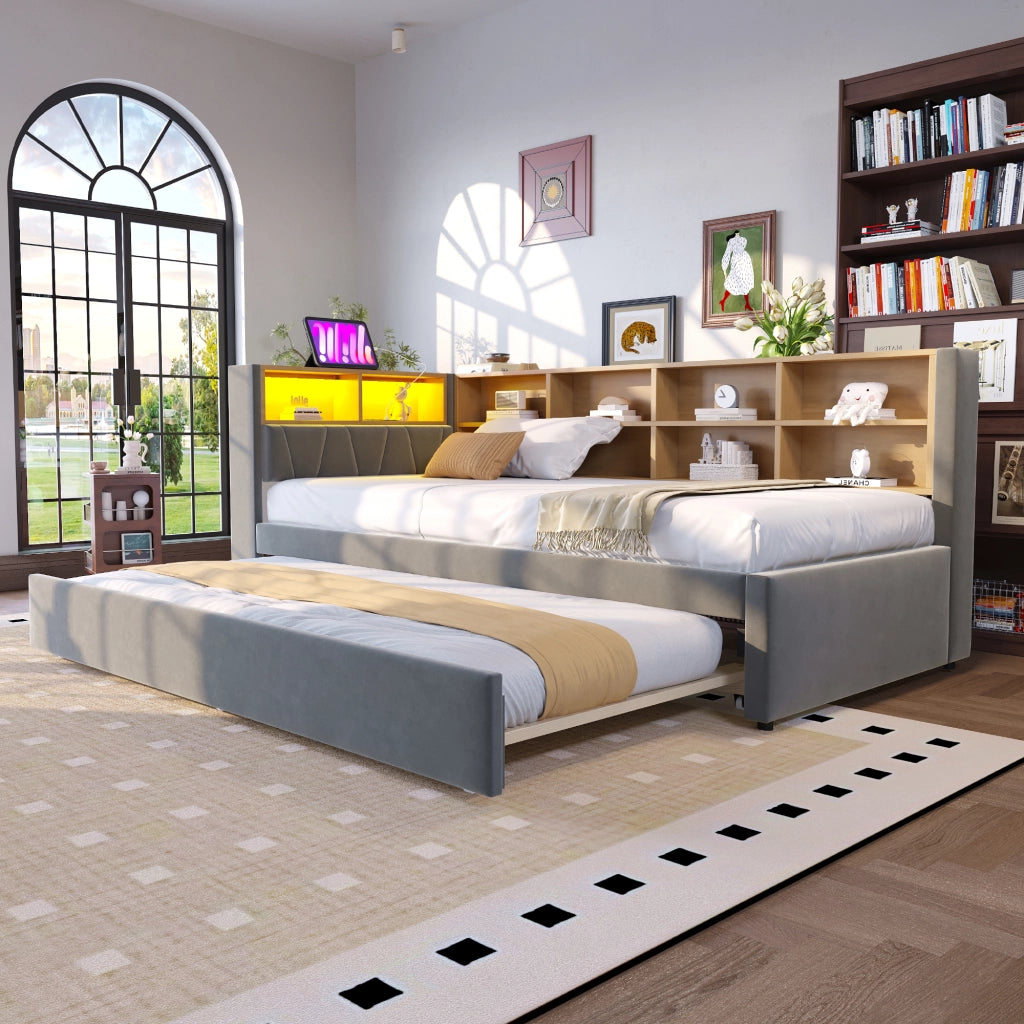 Letto estraibile 2 posti 90×200 cm e 90×190 cm con LED e vani portaoggetti; senza materasso; grigio scuro