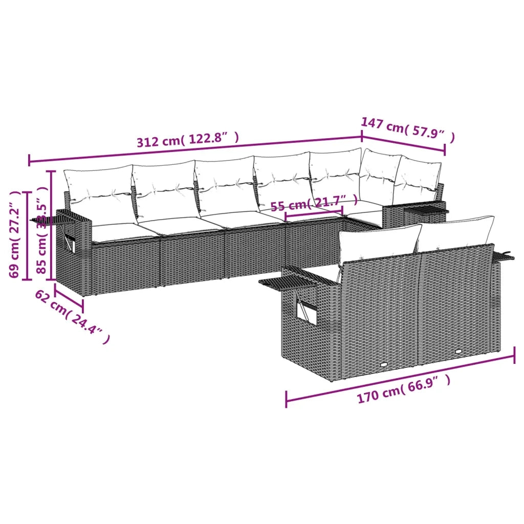 Set Divano da Giardino 8 pz con Cuscini Beige in Polyrattan 3220418