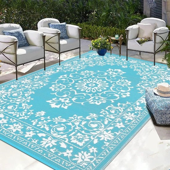 Mat di patio impermeabile 150 x 210 cm - tappeto di plastica con intreccio di canne - panchina da picnic trasportabile e pieghevole - camper terrazza giardino spiaggia - Enyhom copertura del pavimento