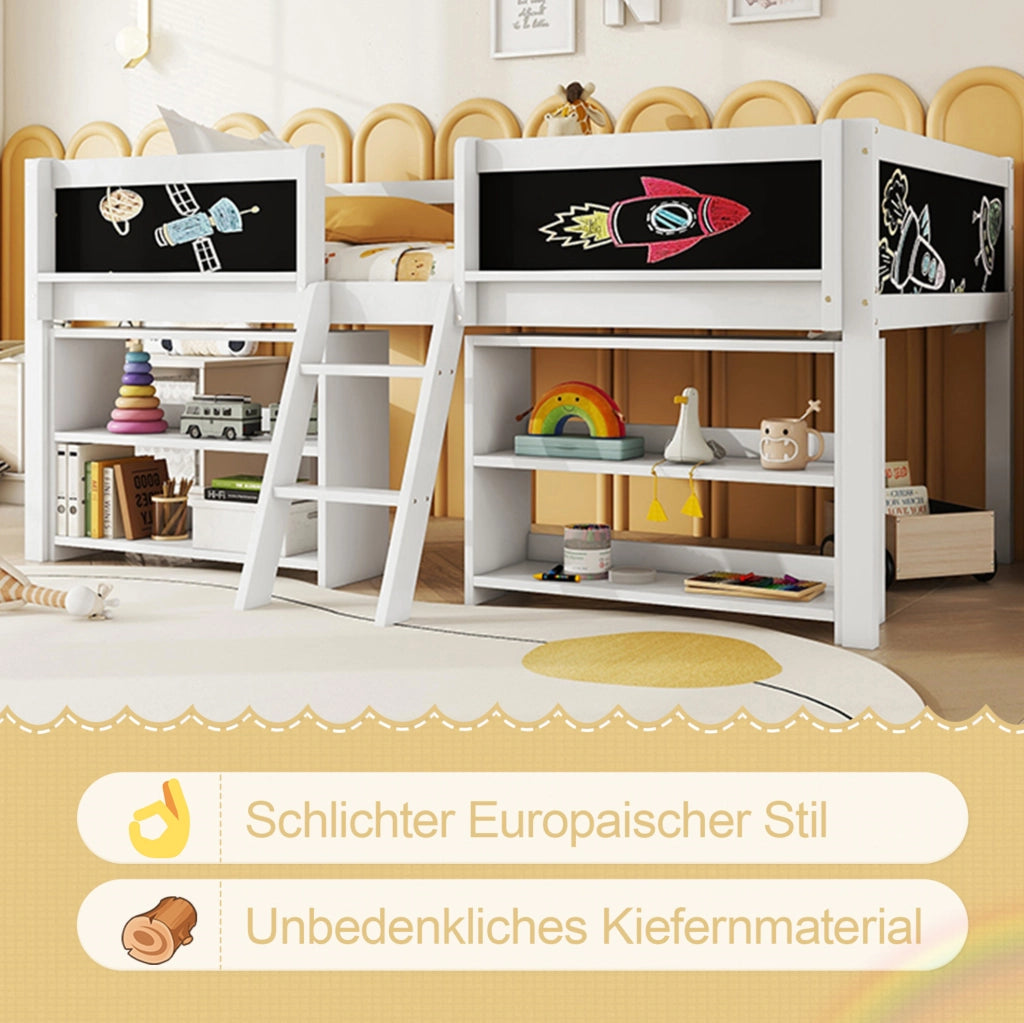 Letto semialto per bambini 90x200 cm con lavagna bianco