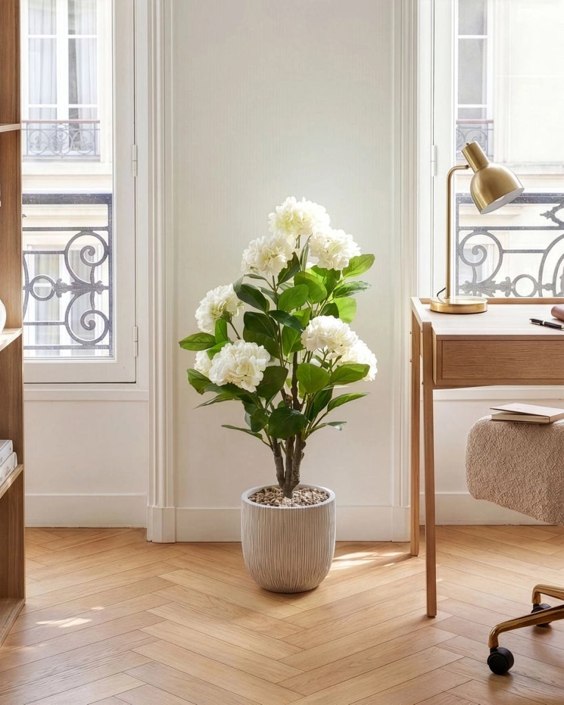 Pianta in vaso artificiale in materiale sintetico bianco, 90 cm, con fiori, accessorio decorativo per interni, realizzata a mano