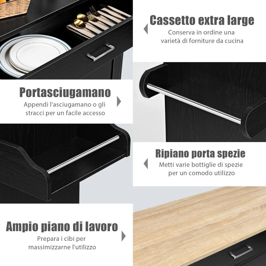 Carrello da Cucina con Ruote di Gomma, Scaffale per Microonde Carrello Servizio, Mobile Cucina con Ripiani e Ante, Credenza Cucina Legno Moderno Elegante, 116 x 37 x 85 cm (Nero)