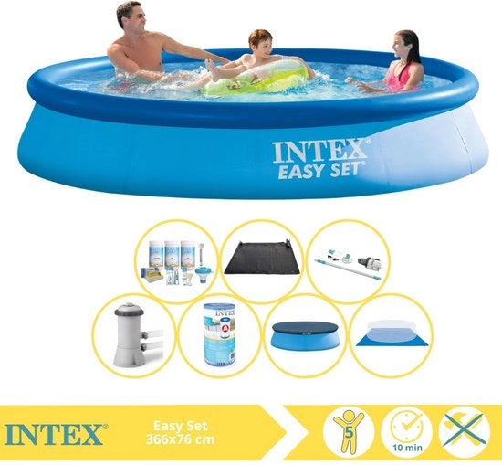 Piscina da giardino Easy Set - Piscina gonfiabile - 366x76 cm - Inclusa copertura, kit di manutenzione, filtro, copertura del fondo, aspirapolvere e pannelli solari