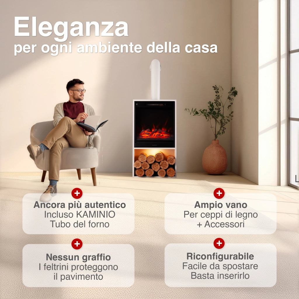 KAMINIO Camino elettrico HUGO con tubo del camino - Stufa elettrica riscaldamento, fiamma 3D, luce ambiente, scomparto de legno, telecomando - Bianco