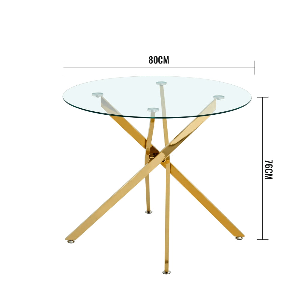 Tavolo rotondo in vetro temperato 80 cm con gambe in metallo color oro; per 2-4 persone