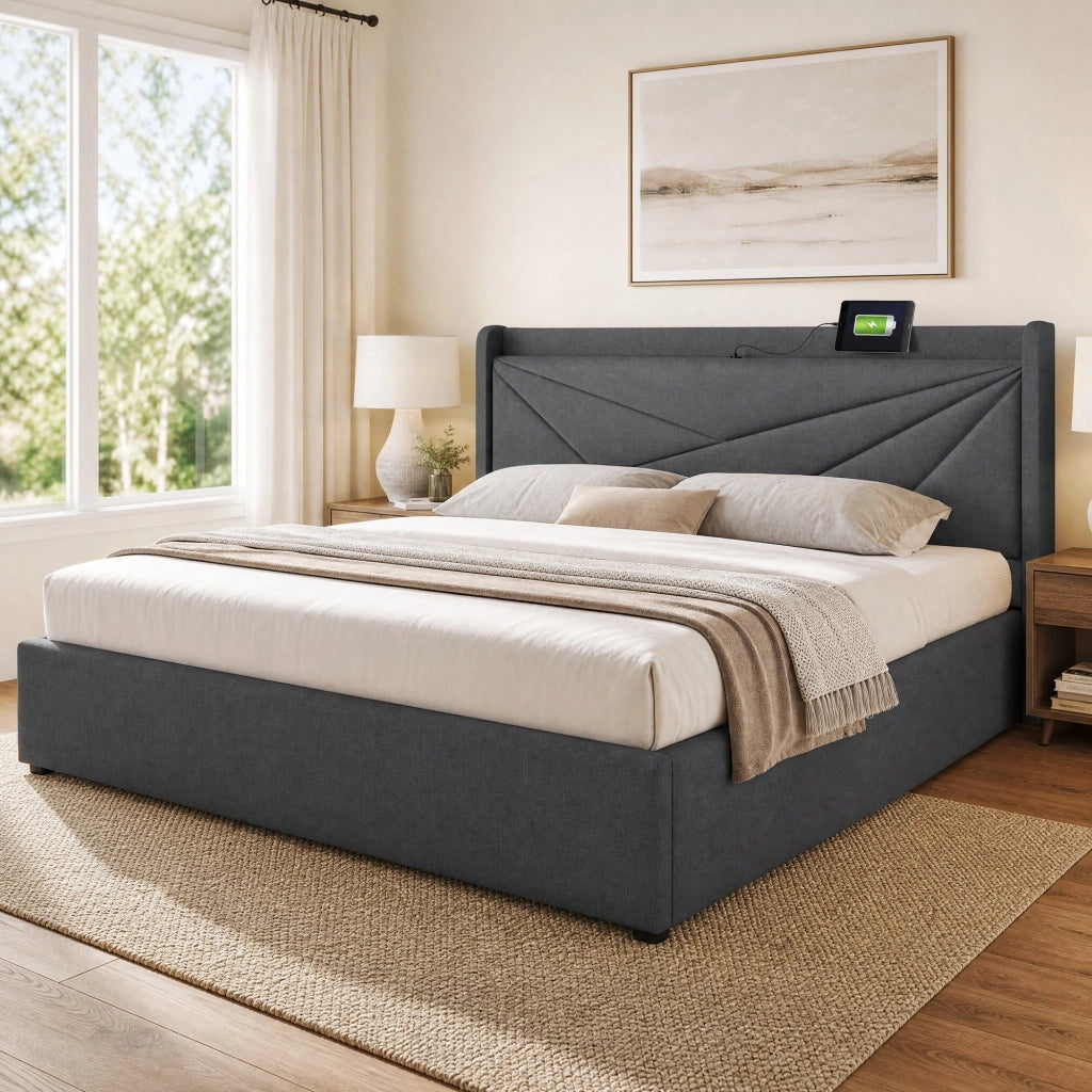 Letto matrimoniale contenitore 180x200 cm grigio con USB e USB-C