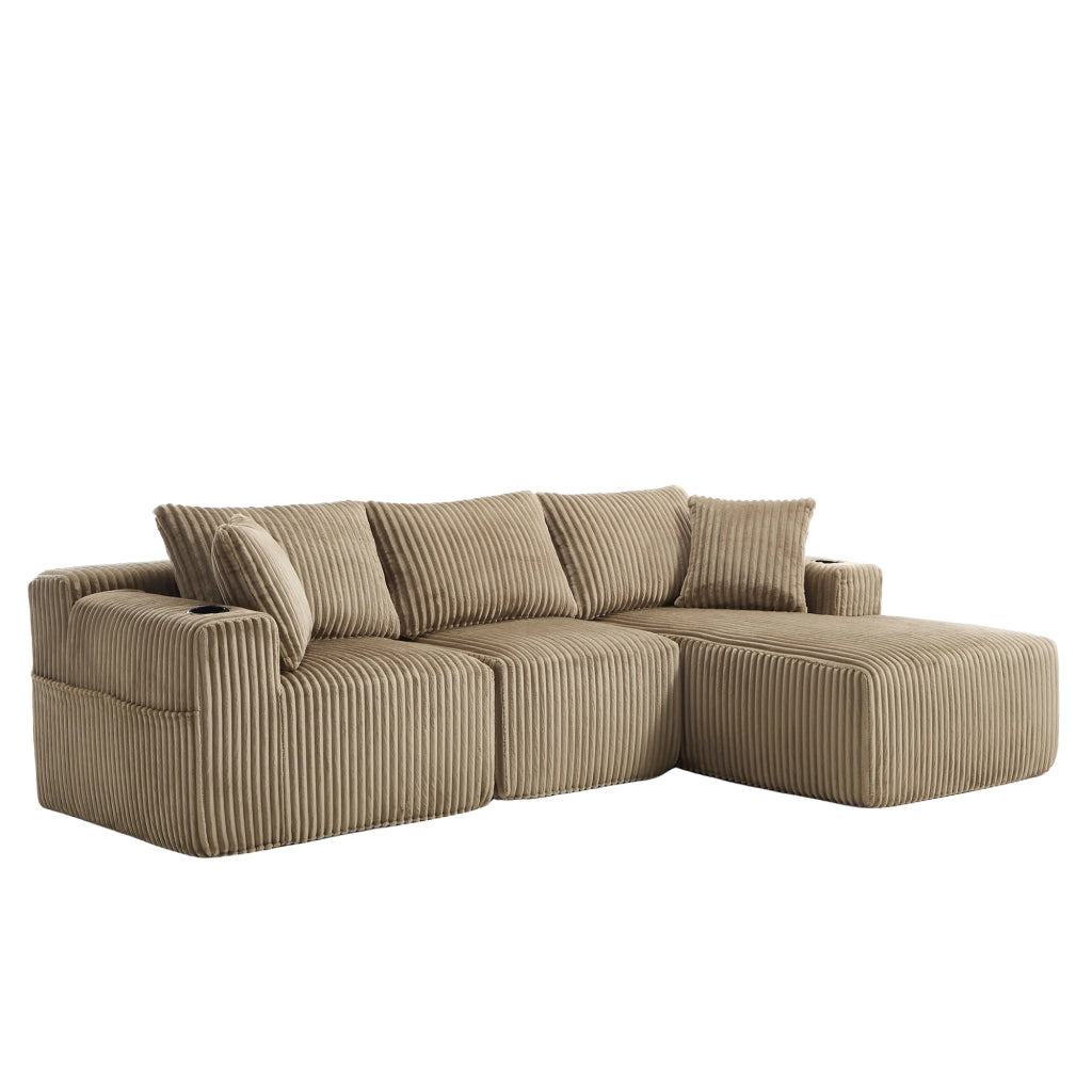 Divano modulare con chaise longue e 2 posti, rivestimento in corduroy, 5 cuscini, tasche laterali e portabicchieri