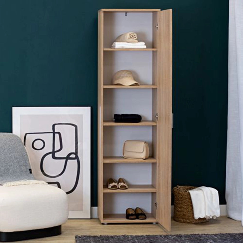 Lerosota, Armadio Multiuso 1 Anta 5 Ripiani, 50x185h cm Marrone Rovere