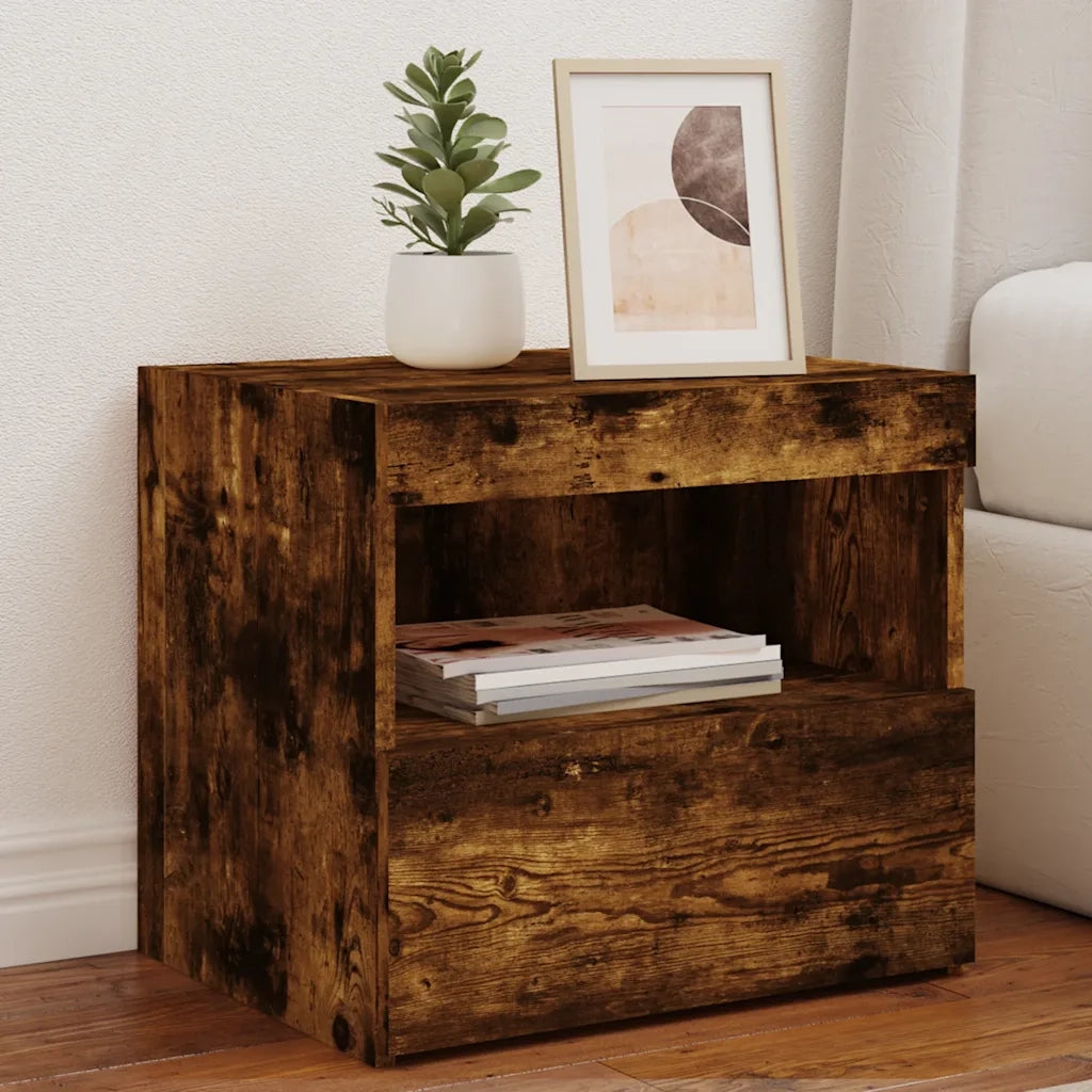 Comodino con Luci LED-Tavolino da notte Rovere Fumo 50x40x45 cm