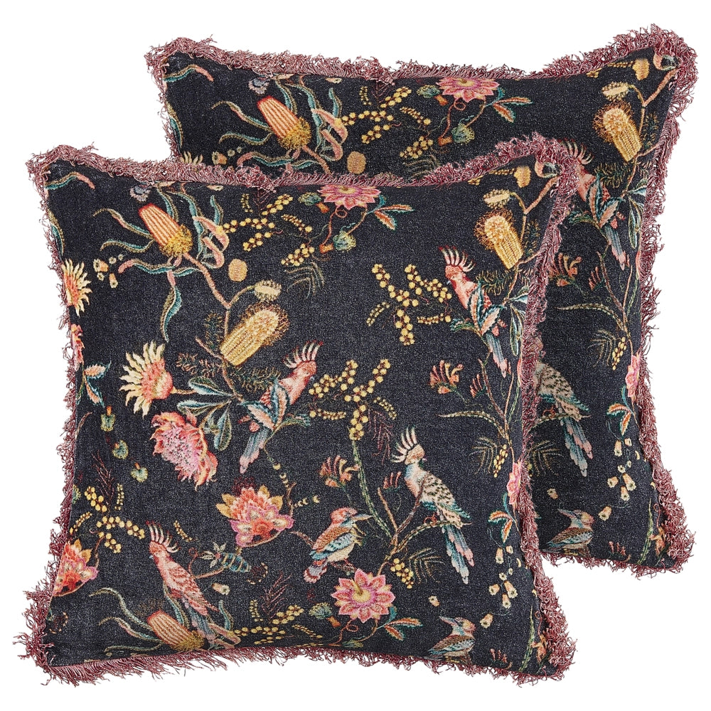 Set di 2 cuscini decorativi nero rosa velluto 45 x 45 cm velluto motivo fiore frange moderno glamour decor