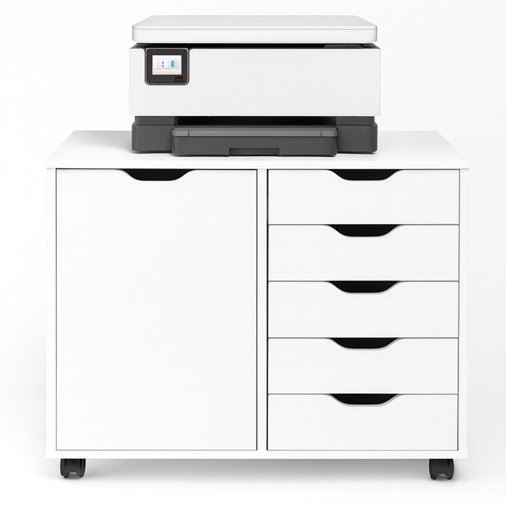 Schedario da Ufficio Porta Stampante Mobile Cassettiera 5 Cassetti 1 Anta Bianco