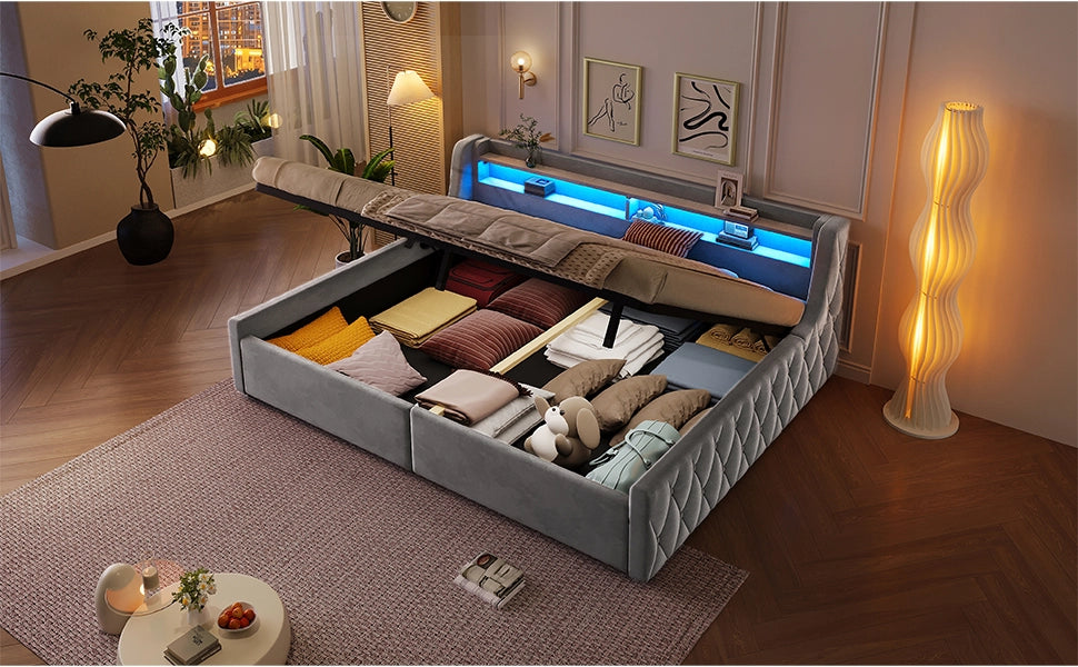 DESMIU Letto con contenitore 140 × 200 cm 2 posti con LED e spazio, senza materasso, in flanella, grigio