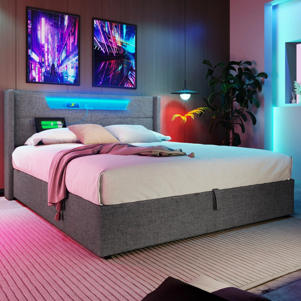 Letto matrimoniale contenitore LED con USB e Type-C 140x200 cm in lino grigio