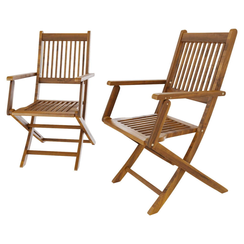 Set Due Sedie In Legno Naturale Di Acacia Pieghevoli Con Braccioli Per Giardino Balcone Patio Piscina Schienale Alto E Seduta A Doghe 91 X 58 X 52 Cm