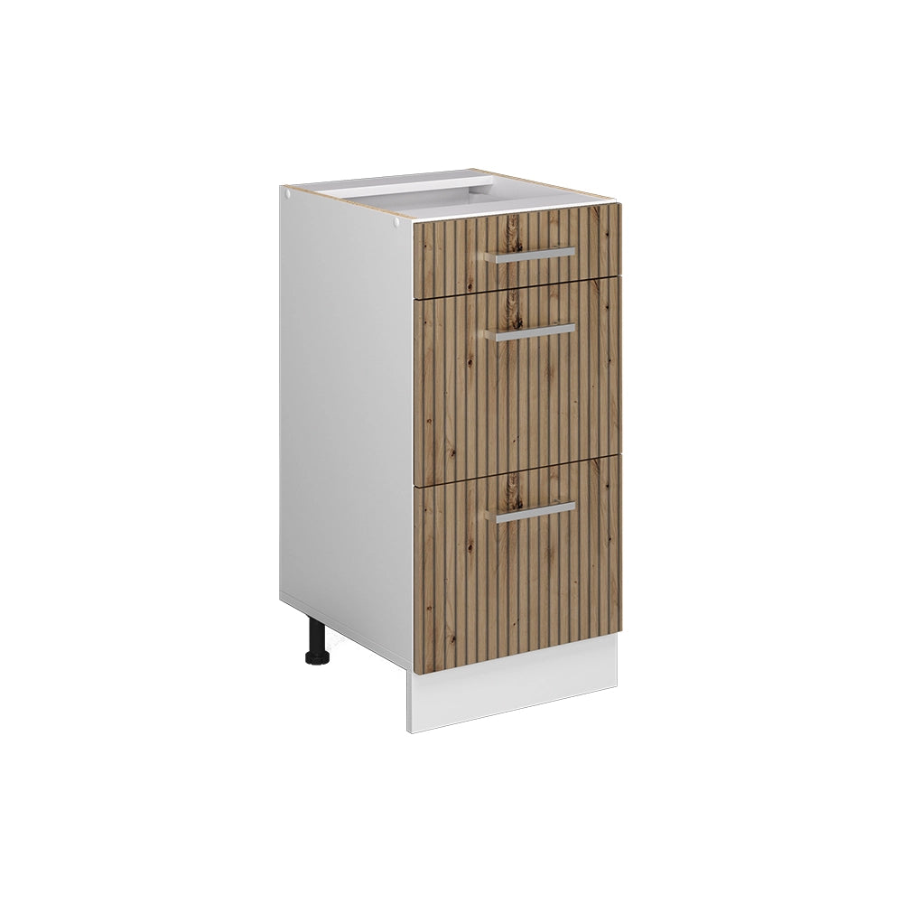 Mobiletto base per cucina R-Line Rovere artigianale/Bianco 40 cm con cassetti, senza piano di lavoro Vicco