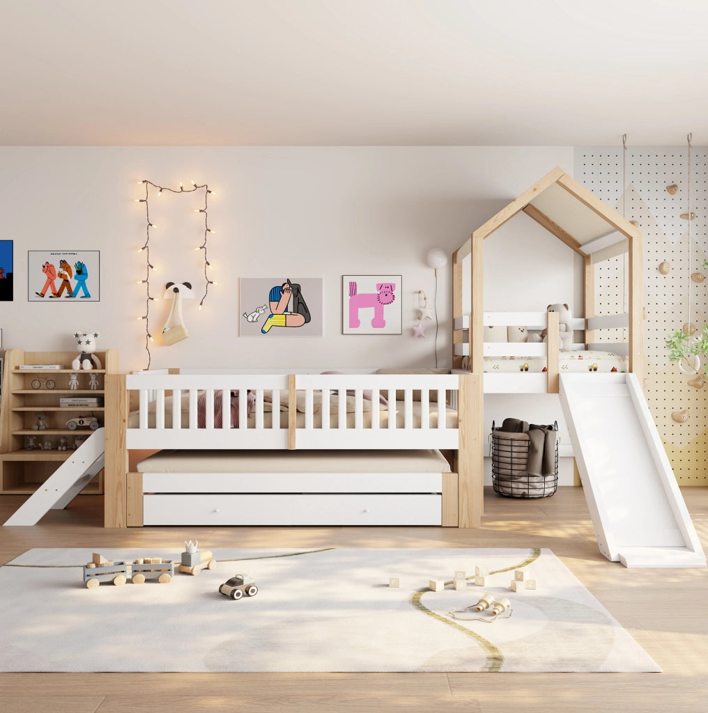 Letto per bambini a casetta con scivolo; letto estraibile 90x200 cm; bianco e naturale