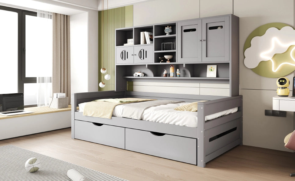 Letto 90x200 cm multifunzione con contenitore; cassetti; in legno grigio