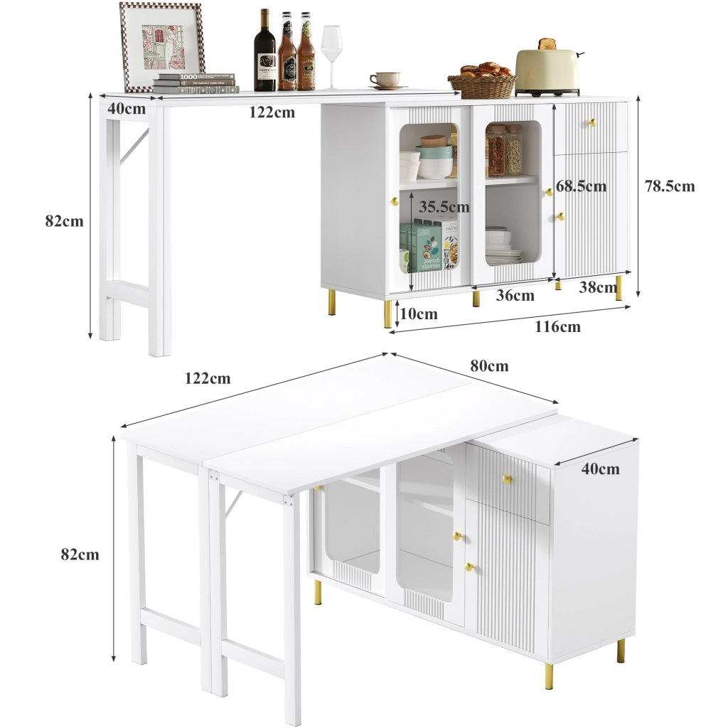 Sideboard moderno bianco con piano estensibile, ante scorrevoli in vetro e gambe metalliche dorate