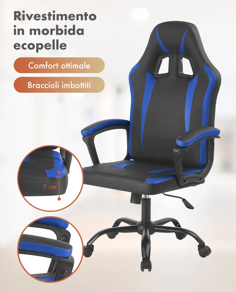 Sedia Gaming Adulto Professionale SimilPelle Reclinabile Con Braccioli Poltrona Ufficio Regolabile in Altezza Pistone Gas Gamer Portata 150 Kg Blu