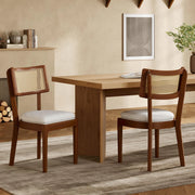 Set di 2 sedie da pranzo in legno massiccio con schienale in rattan e cuscino in lino, colore noce