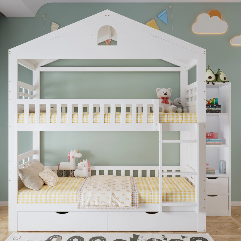 Letto a castello a casetta 90x200 cm bianco con scala; cassetti e scaffale