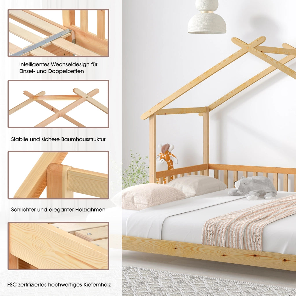 OKWISH Letto a Casetta 200×90 cm e 200×180 cm, Letto Matrimoniale estensibile con Sponde 3 Lati e Struttura a Casa, senza Materasso