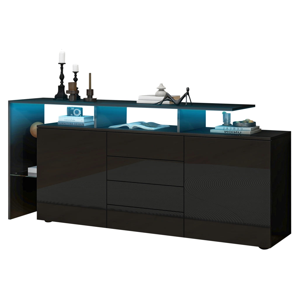 Sideboard 160x35x70 cm con LED e USB; 2 porte; 4 cassetti; nero