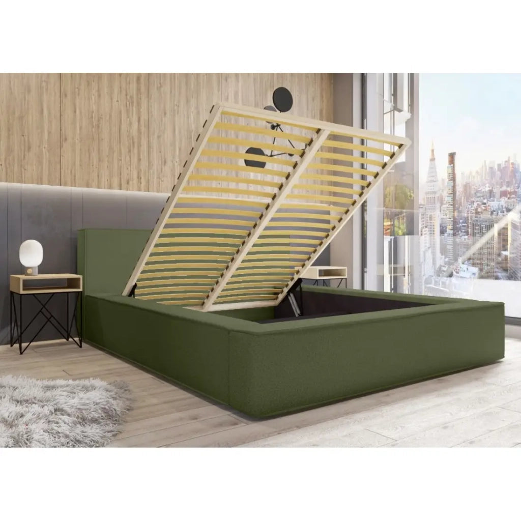 Letto contenitore VELORA – Olive bouclé – 180x200 cm – Tessuto velluto morbido – Rete sollevabile – Contenitore integrato
