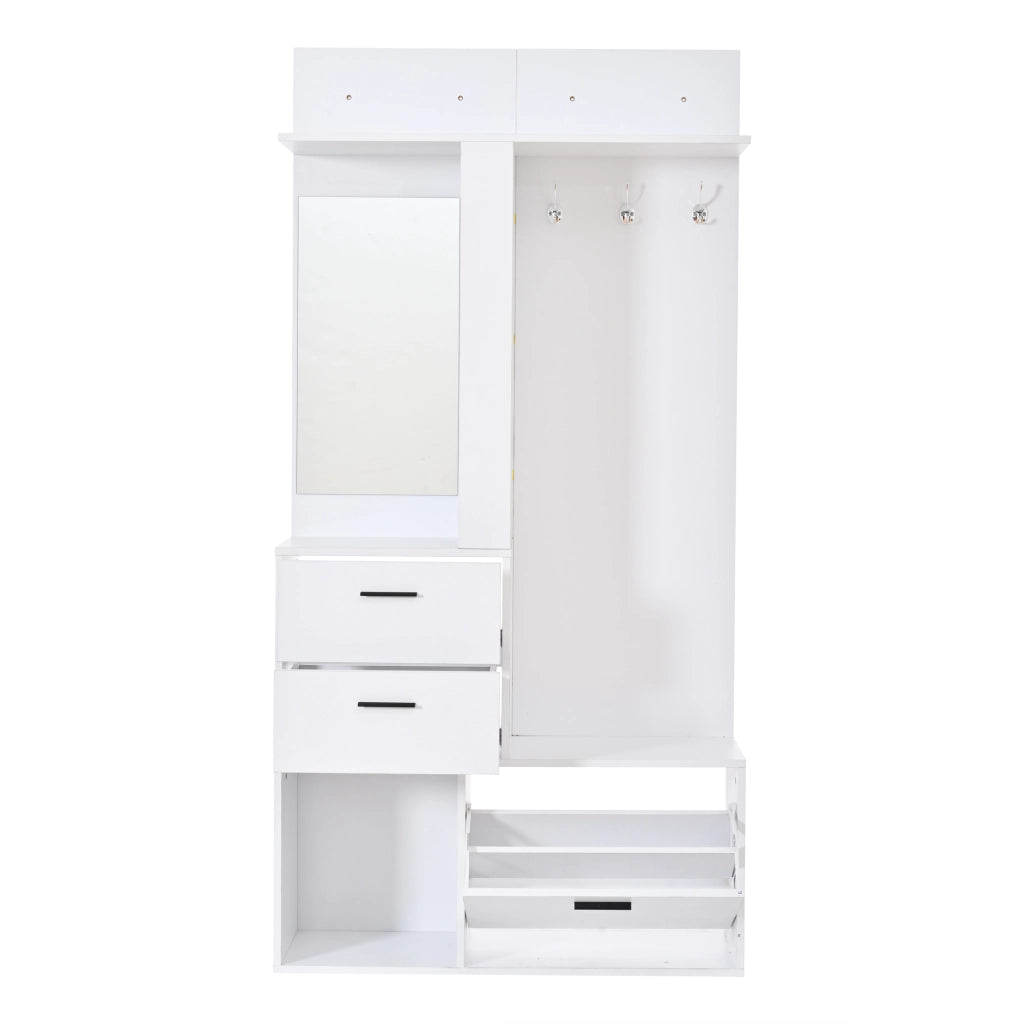 Garderobiera salvaspazio bianca 90x30x180 cm con specchio, 2 cassetti, appendiabiti, scarpiera estraibile e ripiani