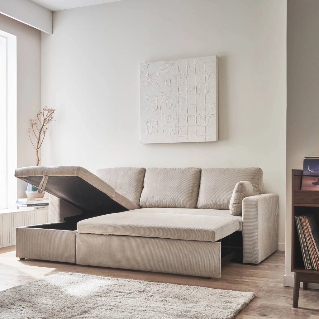 Divano letto angolare reversibile in velluto a coste, 3 posti, beige