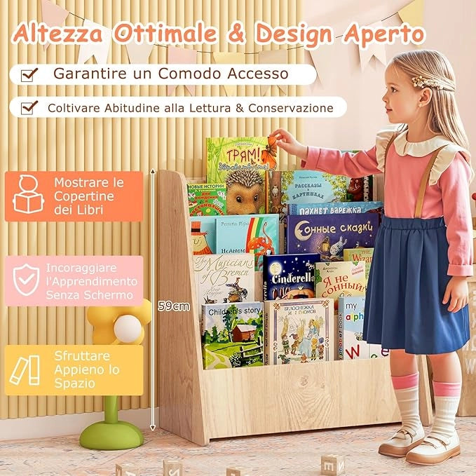 Libreria per Bambini a 4 Ripiani, Scaffale in Legno con Ampio Spazio di Esposizione, Porta Riviste per Camera dei Bambini Sala Giochi e Aula, 57,5x26,5x59 cm (Naturale)
