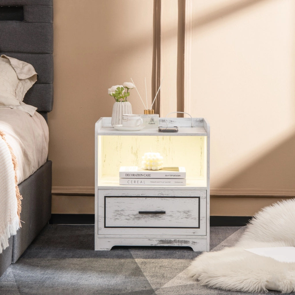 Set di 2 comodini a LED con 2 porte USB ripiano aperto e cassetto, Tavolini vintagi da divano Bianco-Comodini