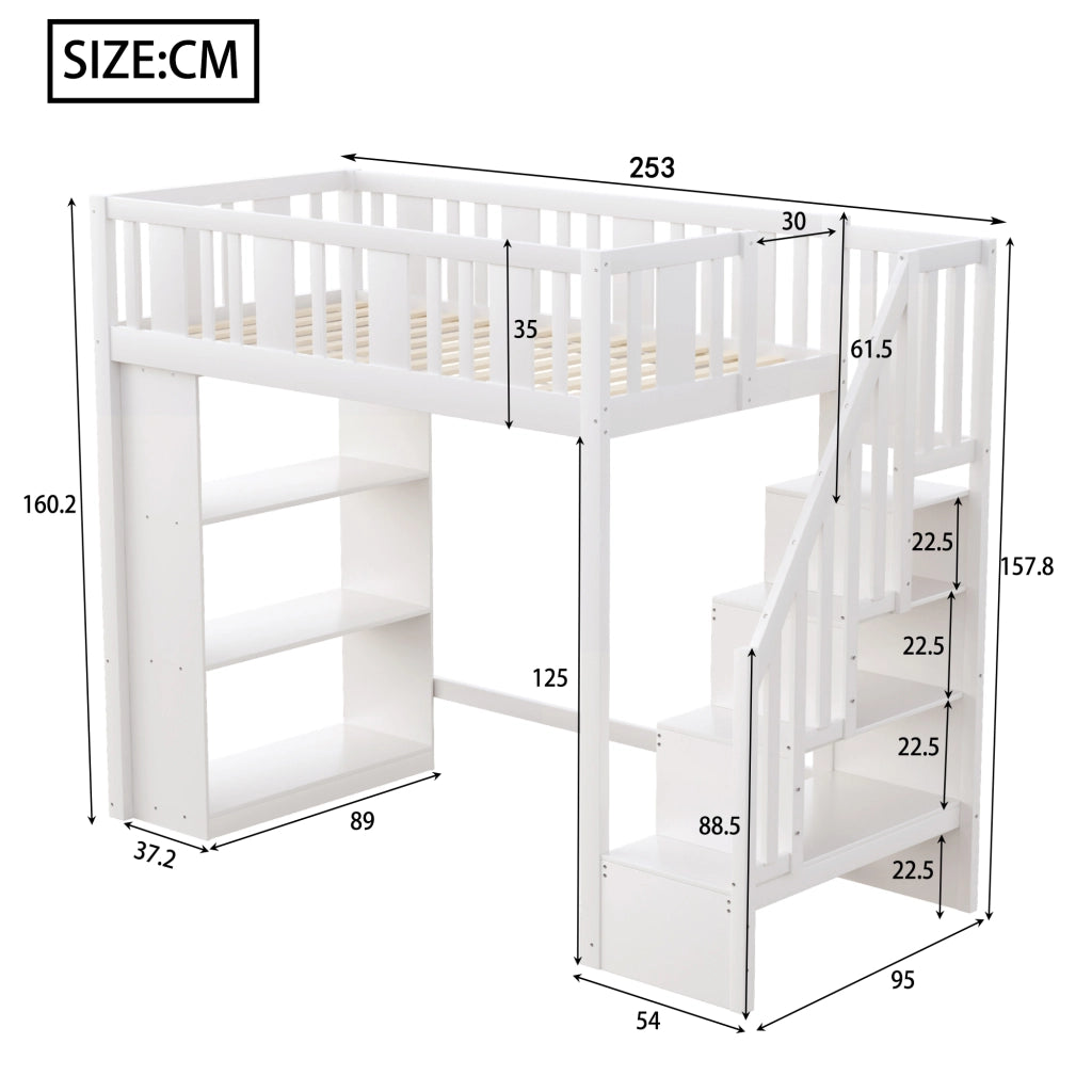 Letto a castello bianco in legno di pino con scala portaoggetti 90x200 cm