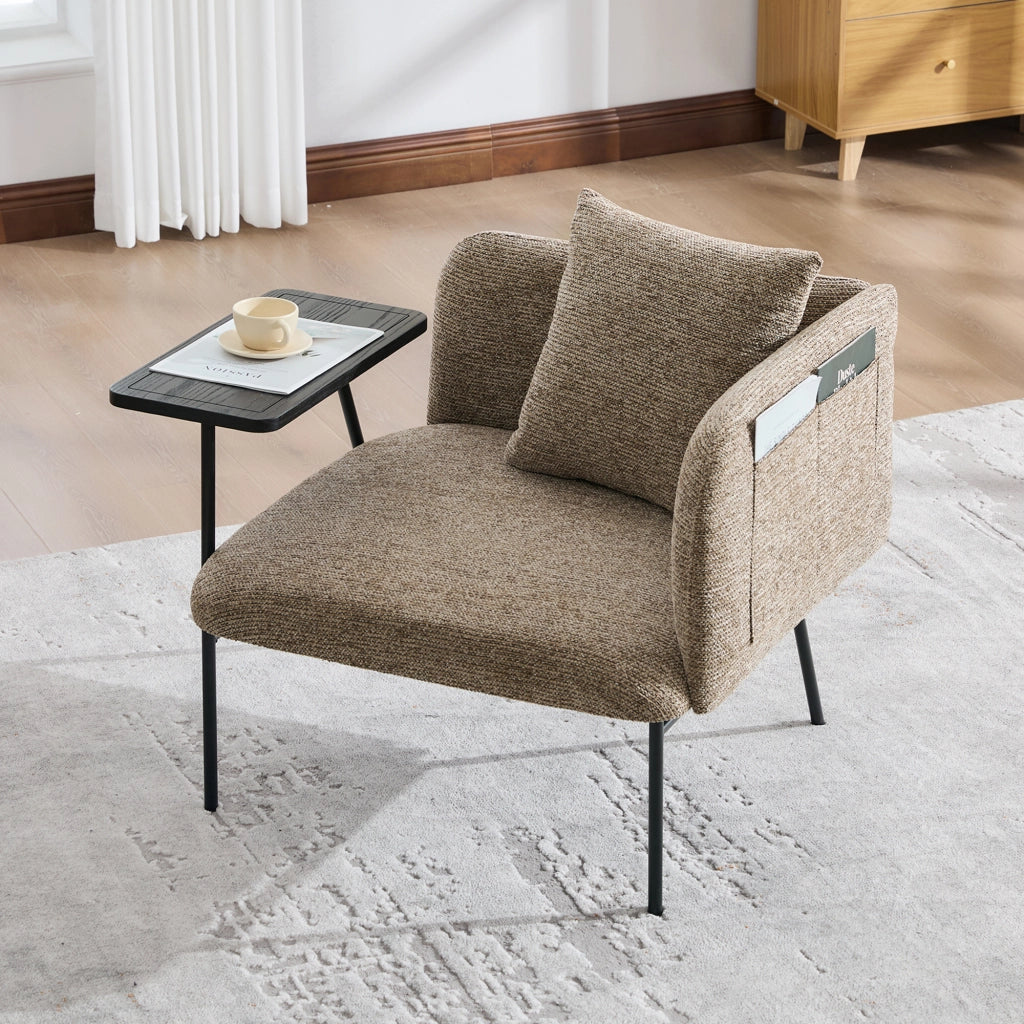 Poltrona relax in chenille con tavolino laterale e tasche portaoggetti - khaki