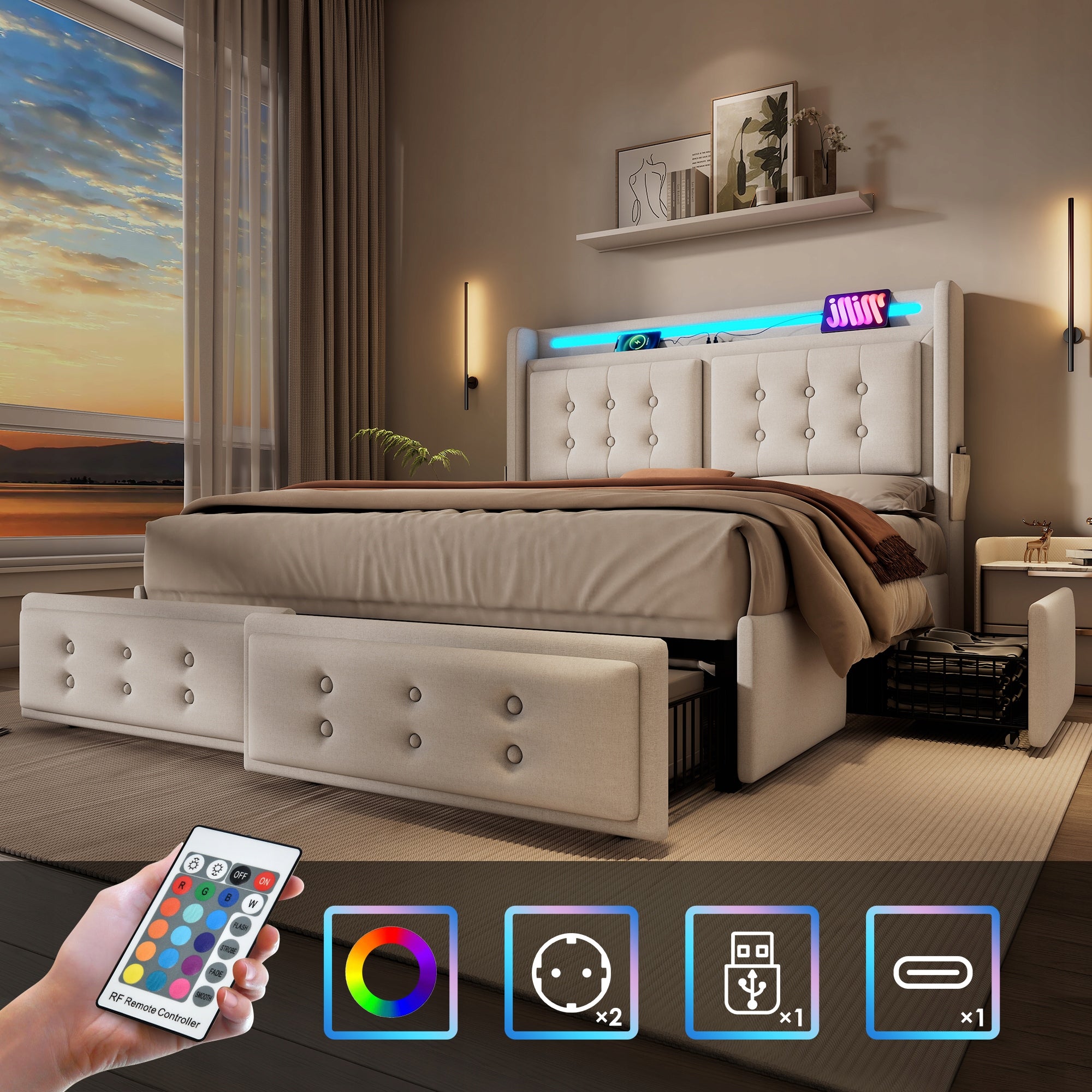 Letto imbottito 140x200 beige, cotone (con materasso) - Xylo