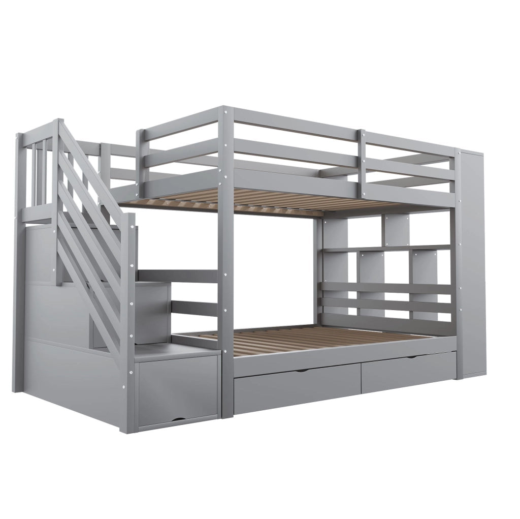 Letto a castello ULEVR 90x200 cm grigio con scala contenitore, 2 cassetti e vano laterale
