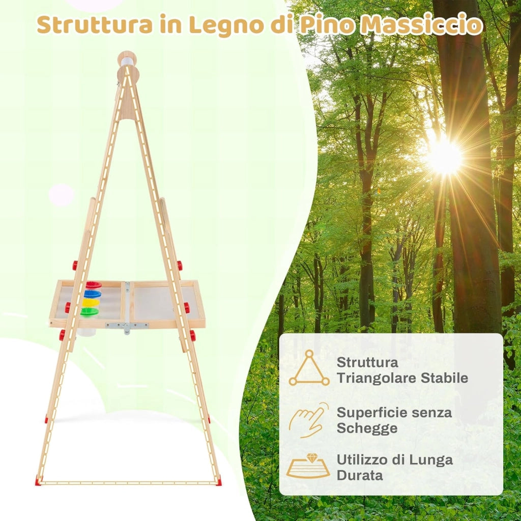 3 in 1 Cavalletto per Bambini, Cavalletto Artistico in Legno con Doppia Faccia Magnetico, Lavagna Bianca, Lavagna Nera e Rotolo di Carta, Pieghevole e Altezza Regolabile