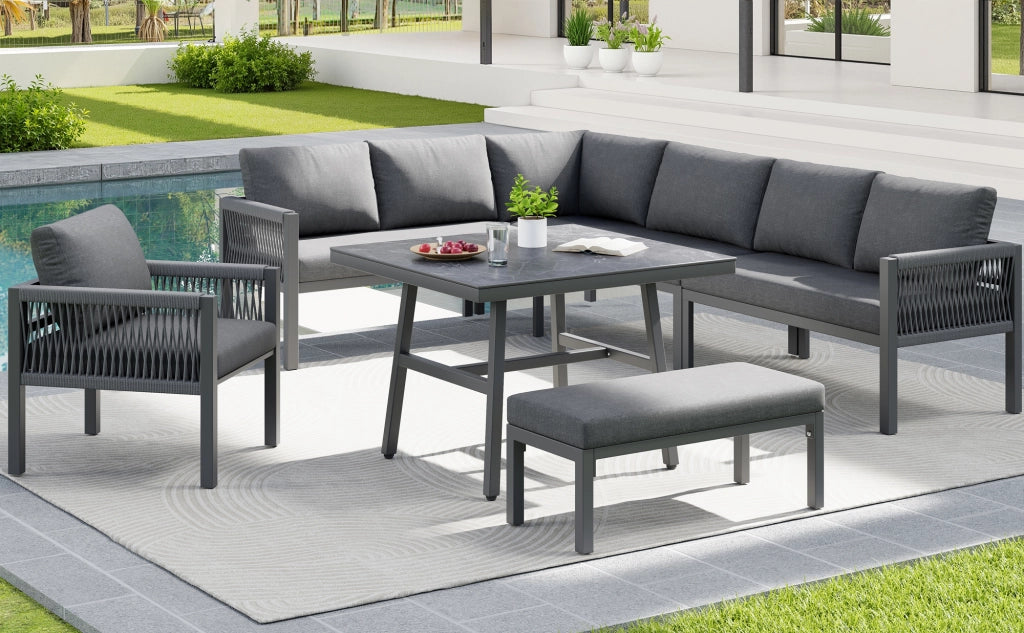 Divanooo giardino intrecciato mano forma L 8 persone: ferro; cuscini grigi; tavolo vetro marmo + 2 poltrone; resistente