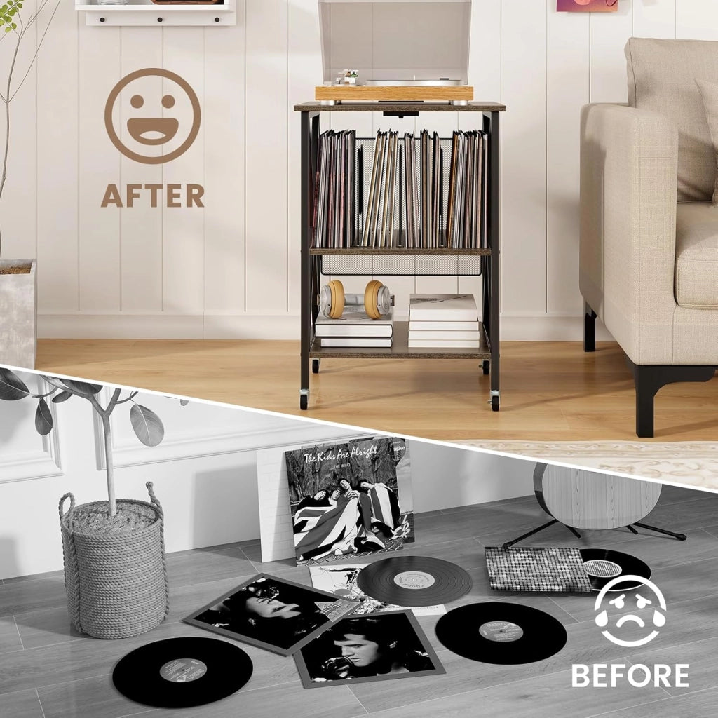 Supporto per Giradischi, Tavolo per Conservare Dischi in Vinile, Tavolo per Giradischi in Stile Mid-Century con Stazione di Ricarica, Ruote Bloccabili per Camera da Letto, Soggiorno (Grigio)