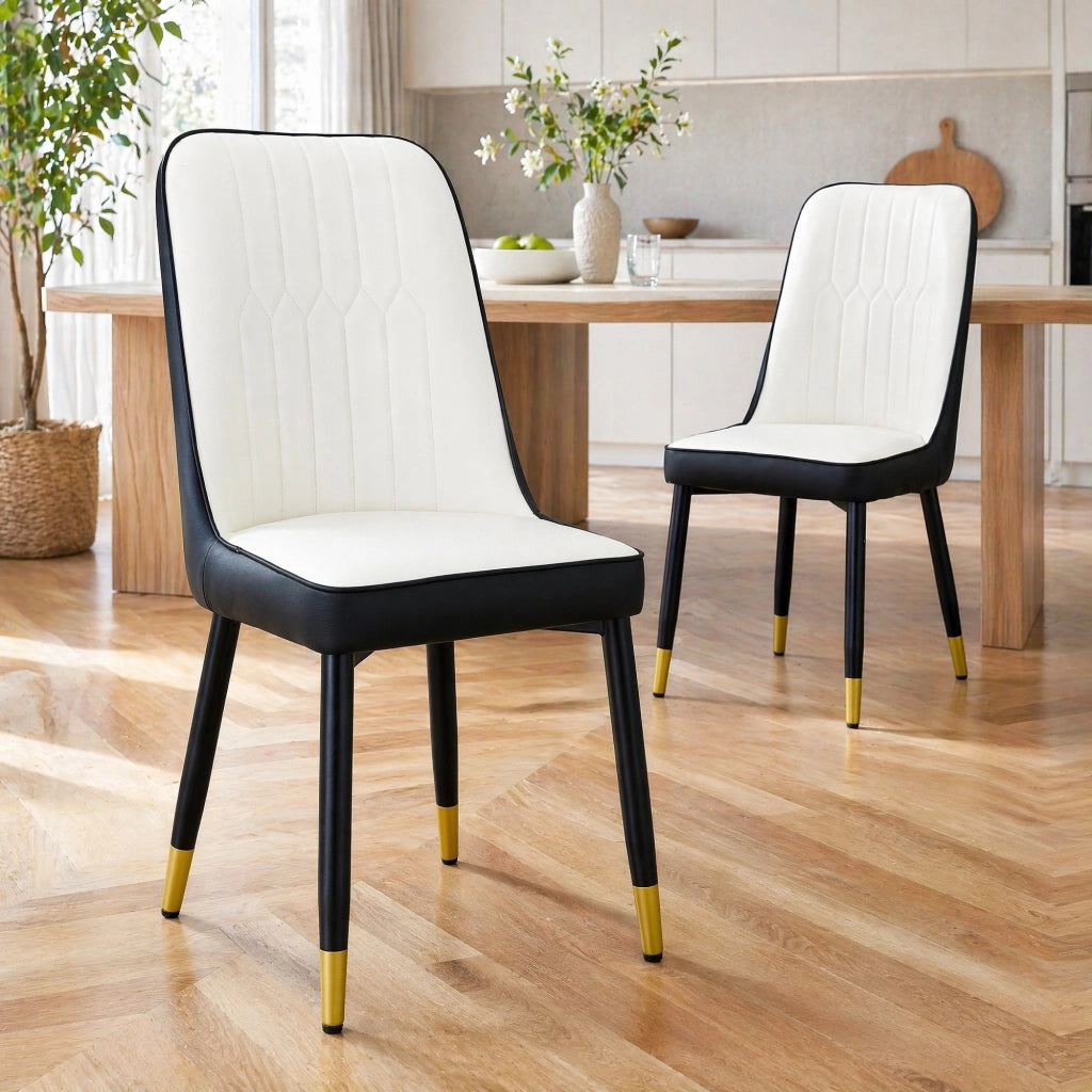 Set di 2 sedie da pranzo moderne in PU nero e bianco con gambe in metallo nero