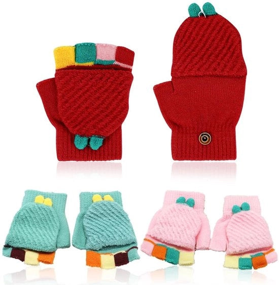Manopole per bambini - 3 paia - manopole senza dita - calde e soffici - tema dinosauro - adatte per 4-10 anni