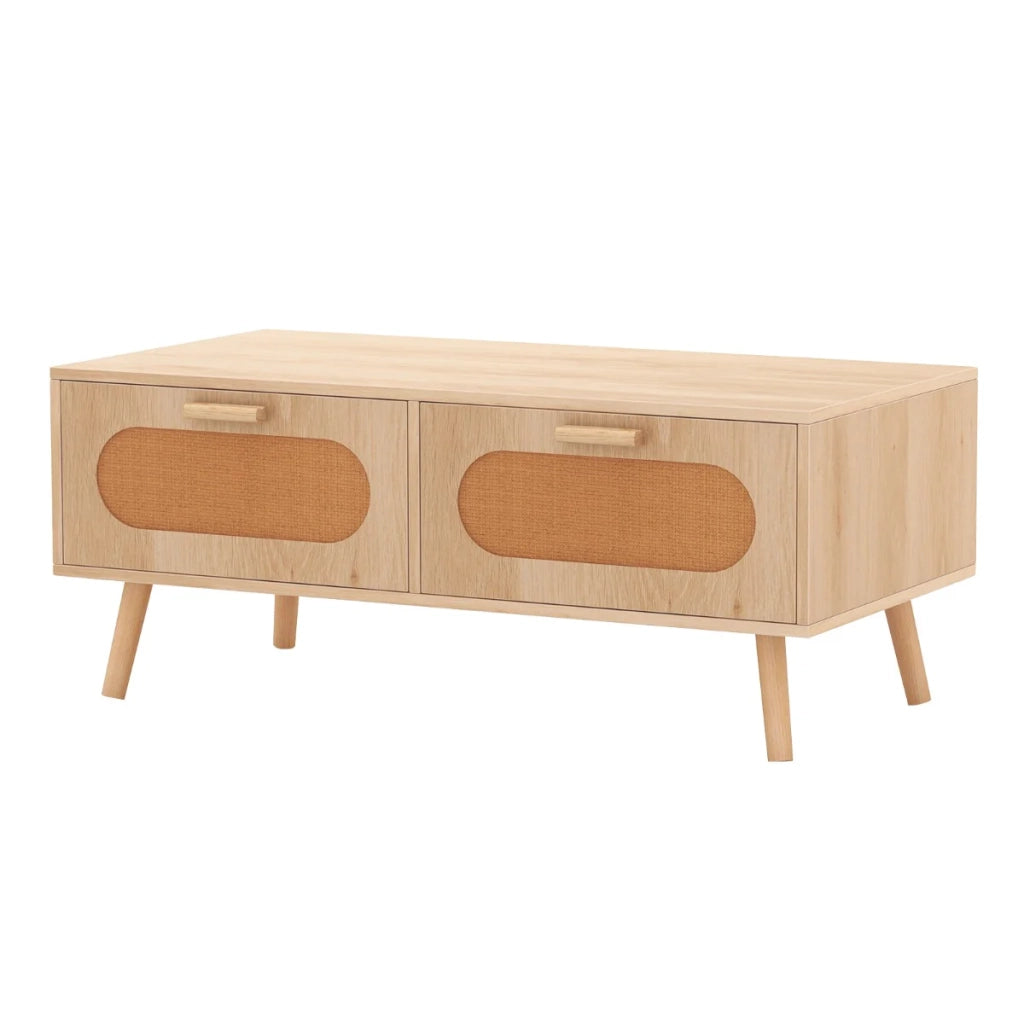 Tavolino rettangolare 100 x 50 x 41 cm con 2 cassetti portaoggetti e stile bohémien in legno naturale 20_0013771